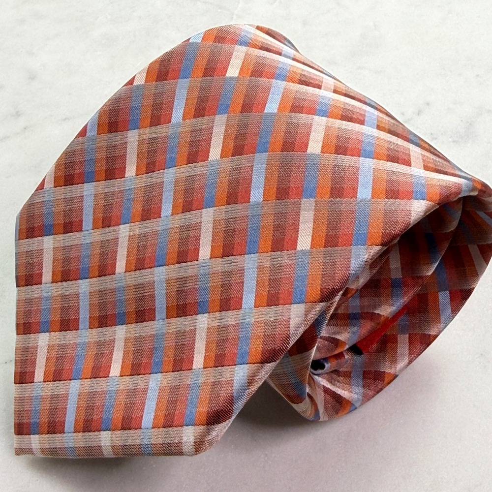 Brand Q Necktie Men OS Orange Blue Plaid Microfiber Italian Design Business